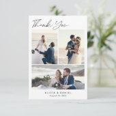 Modernes, einfaches Skript 4 Foto Collage Hochzeit Dankeskarte (Stehend Vorderseite)