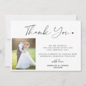 Modernes, einfaches Skript mit 2 Fotos Hochzeit Dankeskarte (Vorderseite)