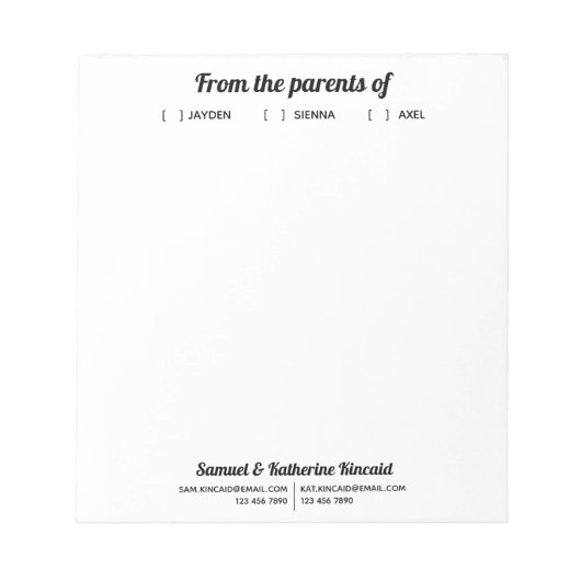 Modernes, einfaches Skript von den Eltern Notizblock (Vorderseite)