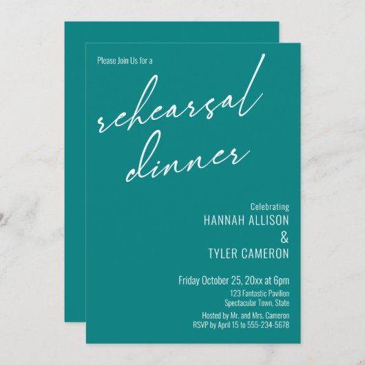 Modernes Einfaches Typografie-Probe-Dinner Aquamar Einladung (Vorne/Hinten)