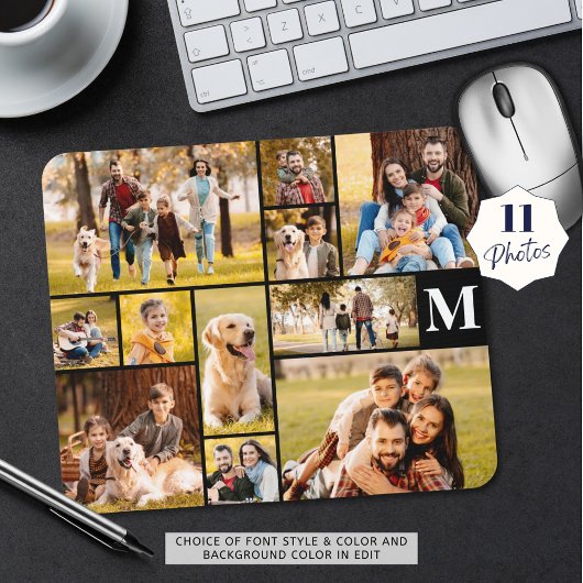 Modernes, einzigartiges 11-Foto Collage Monogramm Mousepad