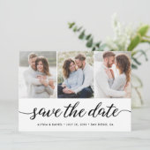 Modernes, einzigartiges 3-Foto Hochzeitsskript Save The Date (Stehend Vorderseite)