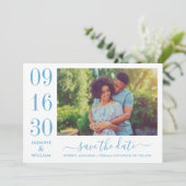 Modernes Elegance Dusty Blue Wedding Foto Save The Date (Stehend Vorderseite)