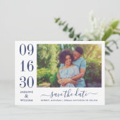 Modernes Elegance Navy Blue Wedding Foto Save The Date (Stehend Vorderseite)