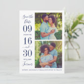 Modernes Elegance Navy Blue Wedding Foto Save The Date (Stehend Vorderseite)