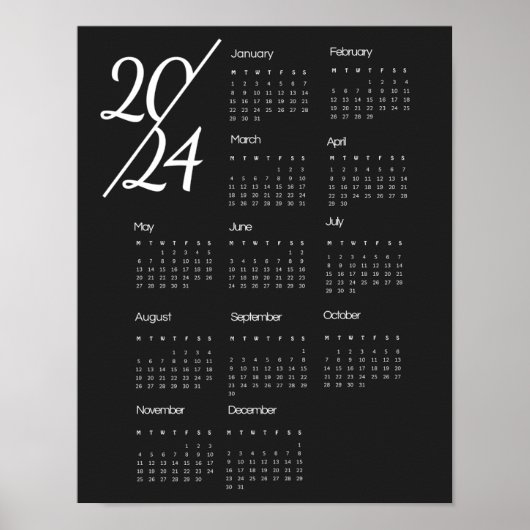 Modernes Elegant 2024 Kalender Schwarz-Weiß Poster (Vorne)