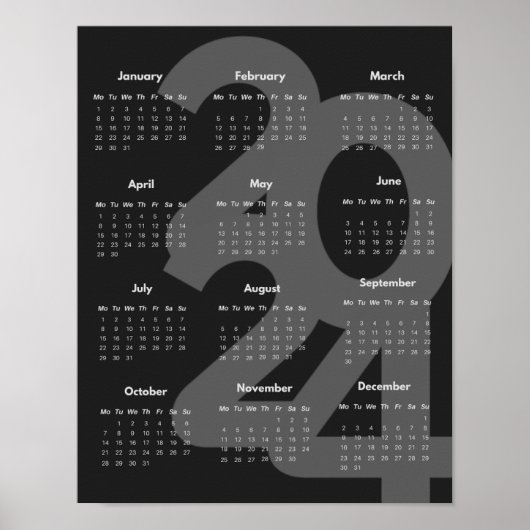 Modernes Elegant 2024 Kalender Schwarz-Weiß Poster (Vorne)