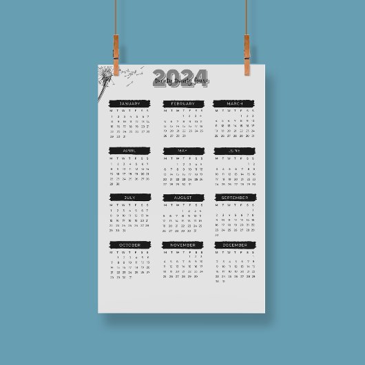 Modernes Elegant 2024 Kalender Schwarz-Weiß Poster