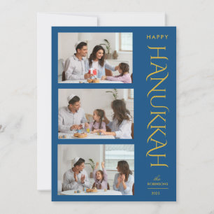 Modernes Elegant 3 Foto Collage Blue Gold Hanukkah Feiertagskarte