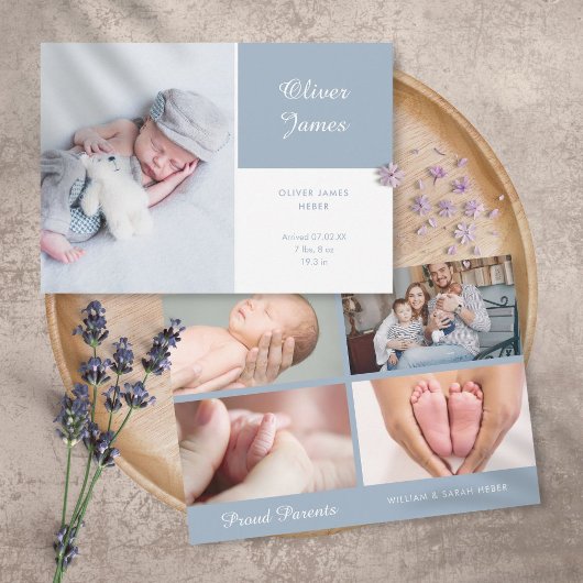 Modernes Elegant Blue Baby Boy Script Foto Birth Ankündigung