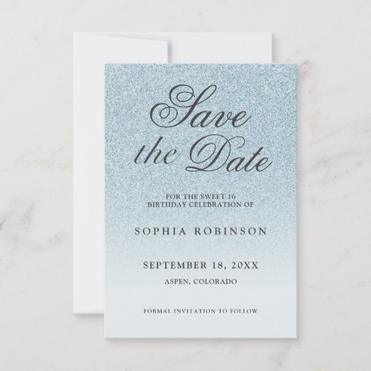 Modernes Elegant Blue Save the Date Sweet 16 (Vorderseite)