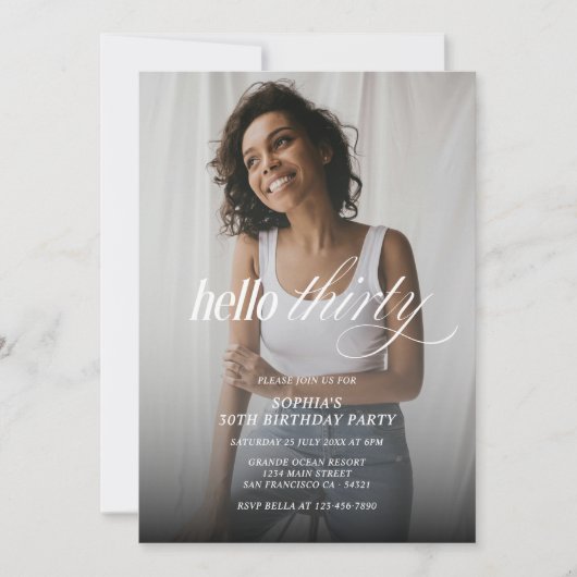 Modernes Elegant Hello Thirty Birthday Foto Script Einladung (Vorderseite)