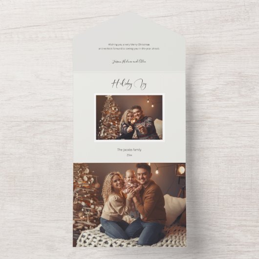 Modernes Elegant Holiday Joy Script Foto All In One Einladung (Innen Boden)