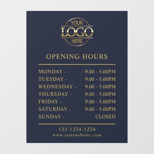 Modernes Elegant Navy Blue | Geschäftsöffnungszeit Fensteraufkleber (Blatt)