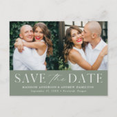 Modernes elegantes 2-Foto Sage Green Save the Date Ankündigungspostkarte (Vorderseite)