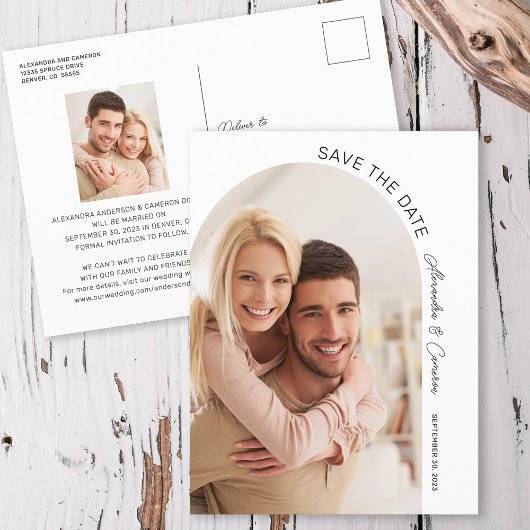 Modernes elegantes Arch Script-Foto Save the Date Postkarte