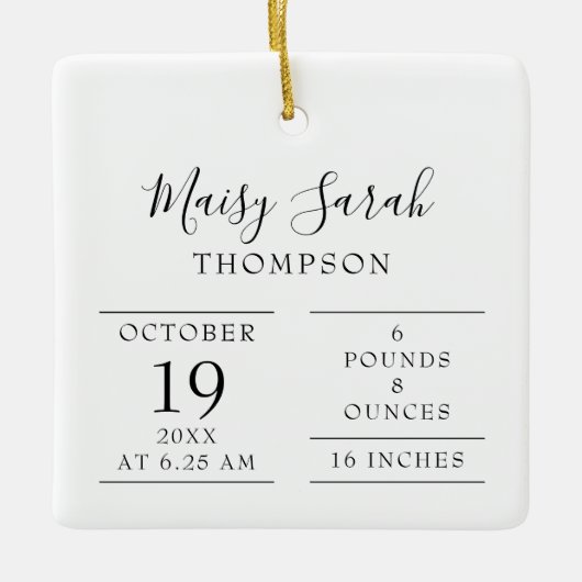 Modernes Elegantes Baby Birth Stats Foto Keramikornament (Vorderseite)