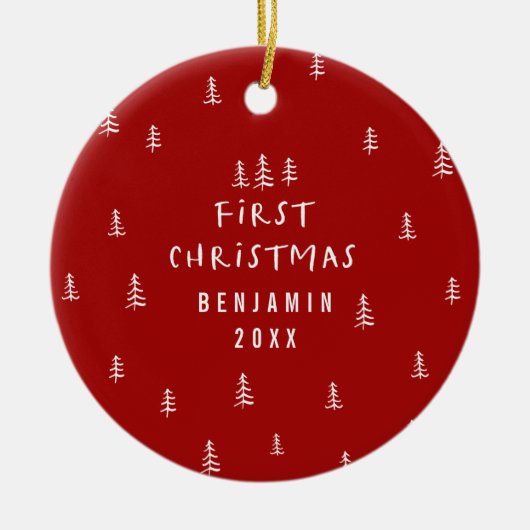 Modernes, elegantes Baby First Weihnachten rot Keramik Ornament (Vorne)