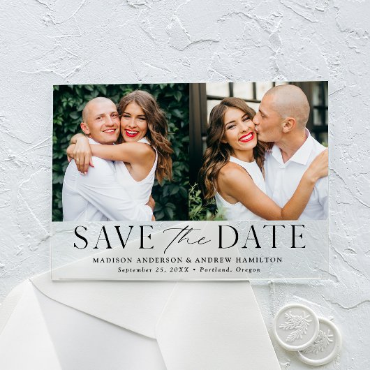 Modernes elegantes Black 2 Foto Save the Date Acryleinladungen