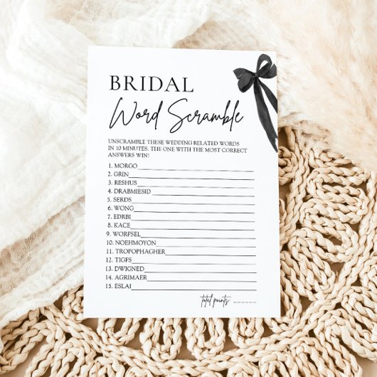 Modernes elegantes Black Bow Bridal Word Scramble Einladung