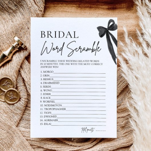 Modernes elegantes Black Bow Bridal Word Scramble Einladung