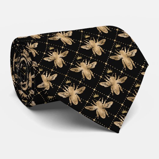 Modernes elegantes Black & Gold Honeycomb Bee Patt Krawatte (Gerollt)