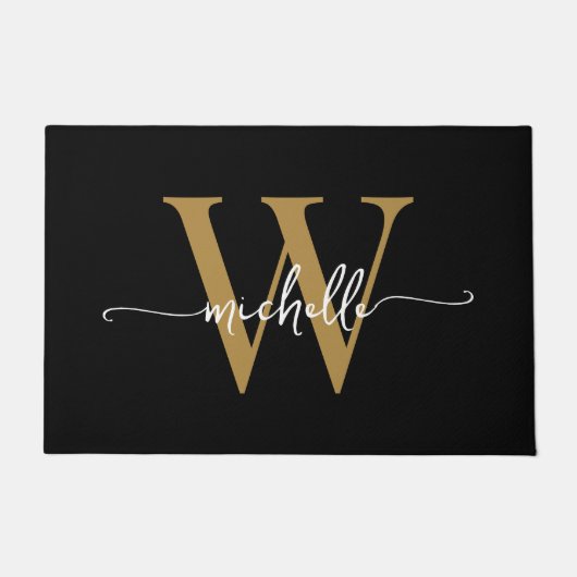 Modernes, elegantes Black Gold Monogram Name Scrip Fußmatte (Vorderseite)
