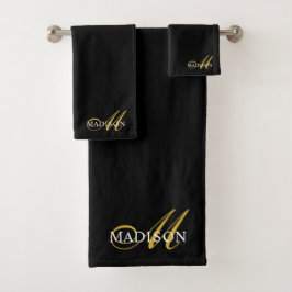 Modernes, elegantes Black-Gold Monogram-Skript Badhandtuch Set