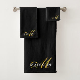 Modernes, elegantes Black-Gold Monogram-Skript Badhandtuch Set