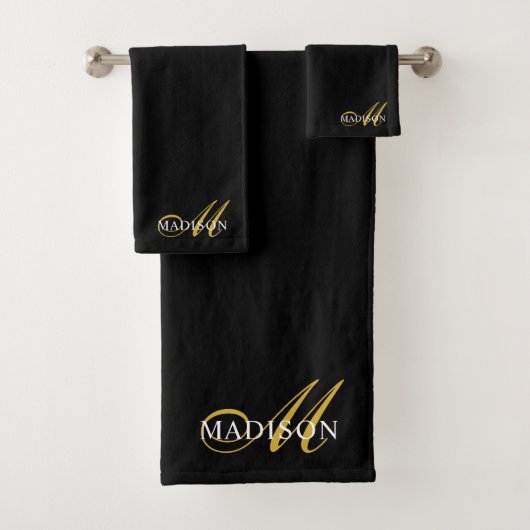 Modernes, elegantes Black-Gold Monogram-Skript Badhandtuch Set (Insitu)