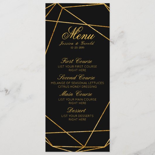 Modernes elegantes Black & Gold Wedding Menü Menükarte (Vorderseite)