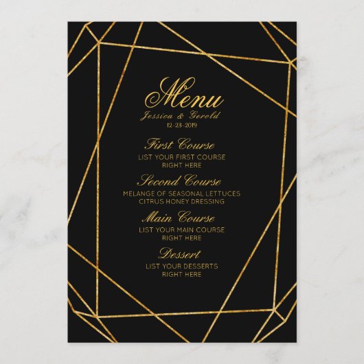 Modernes elegantes Black & Gold Wedding Menü Menükarte (Vorderseite)