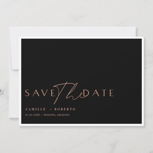 Modernes & elegantes Black & Rose Blush Gold Scrip Save The Date (Vorderseite)