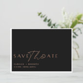 Modernes & elegantes Black & Rose Blush Gold Scrip Save The Date (Stehend Vorderseite)