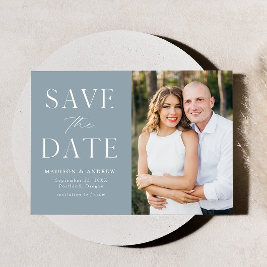 Modernes, elegantes, blaues Foto Save The Date