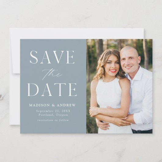 Modernes, elegantes, blaues Foto Save The Date (Vorderseite)