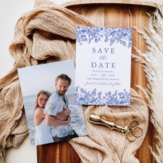 Modernes elegantes blaues Foto Save the Date Einladung