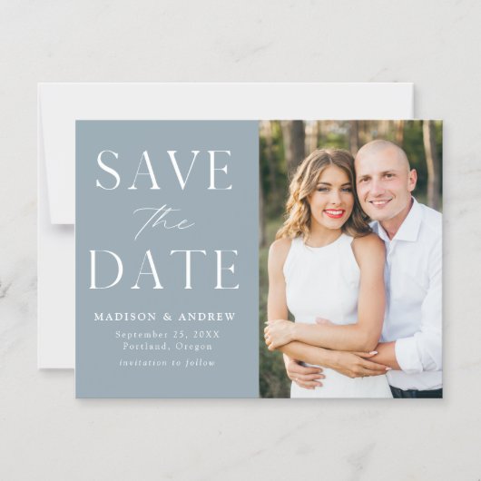 Modernes, elegantes, blaues Foto Save the Date Magneteinladung (Vorderseite)