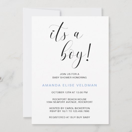 Modernes, elegantes blaues Herz - eine junge Babyd Einladung (Vorderseite)