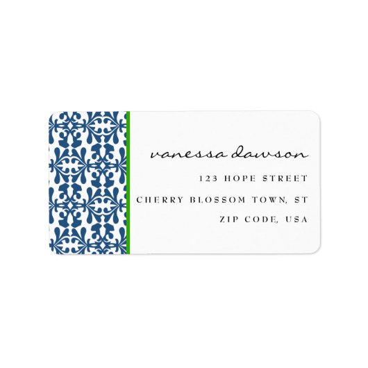 Modernes Elegantes Blue Arabesque Damask Personali Adressaufkleber (Vorne)