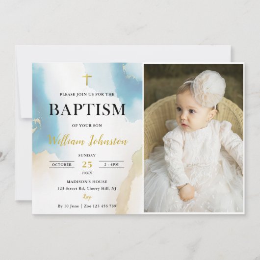 Modernes elegantes Blue Baptisc-Foto Einladung (Vorderseite)