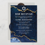 Modernes Elegantes Blue Gold Marble Bar Mitzvah Fo Einladung<br><div class="desc">Moderne elegante Wasserfarbe Blau und Goldmarmor Agate Geode Bar Mitzvah Einladung - Foto Zurück</div>