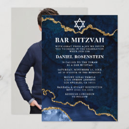 Modernes Elegantes Blue Gold Marble Bar Mitzvah Fo Einladung
