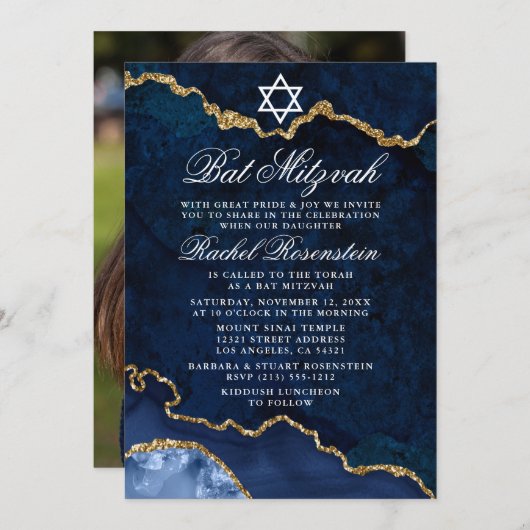 Modernes Elegantes Blue Gold Marble Bat Mitzvah Fo Einladung (Vorne/Hinten)
