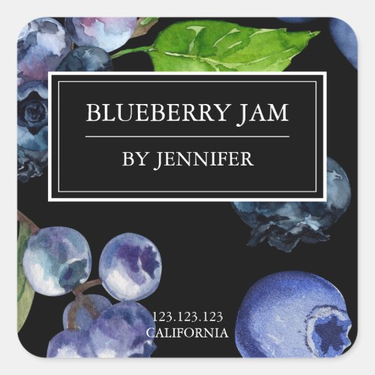 Modernes, elegantes Blueberry-Jam-Label Quadratischer Aufkleber (Vorderseite)