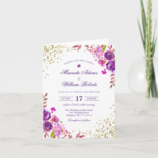 Modernes elegantes Blumengoldlila Hochzeit Einladung (Vorderseite)