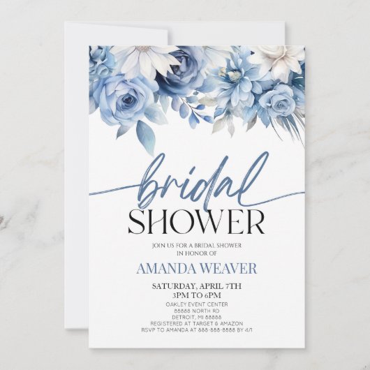 Modernes, elegantes Brautparty von Dusty Blue Flor Einladung (Vorderseite)