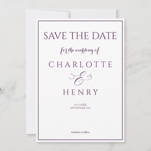 Modernes, elegantes Callighraphy-Script mit Lila A Save The Date (Vorderseite)