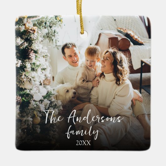 Modernes, elegantes Calligrafy Family Foto Keramikornament (Vorderseite)
