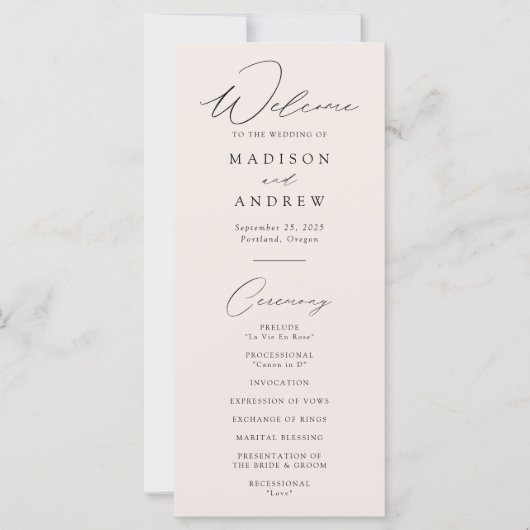 Modernes, elegantes Cream-Hochzeitsprogramm (Vorderseite)